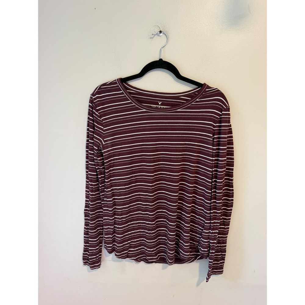 American Eagle Soft & Sexy Maroon White Striped Long Sleeve Top Small